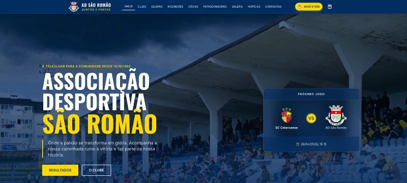AD São Romão — Website institucional para associação desportiva local com calendário de jogos e notícias.