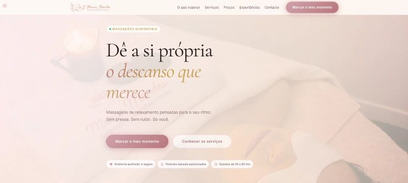 Maria Mendes Massagens — Website com sistema de marcações online para centro de massagens terapêuticas.