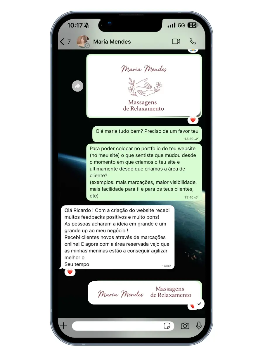 Espaço reservado para screenshot do WhatsApp com o feedback da Maria Mendes após entrega do projeto